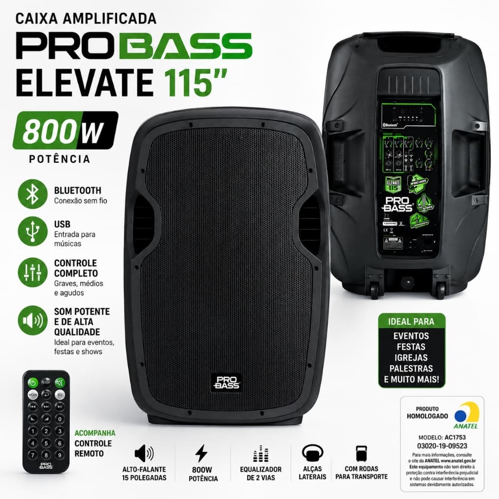 Caixa De Som Acústica Amplificada Ativa 800W 15 Polegadas ProBass ELEVATE 115" 800w USB Bluetooth