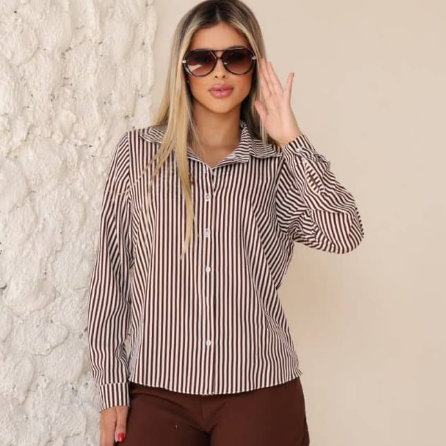 CAMISA SOCIAL FEMININA LISTRADA MANGA LONGA TECIDO CREPINHO