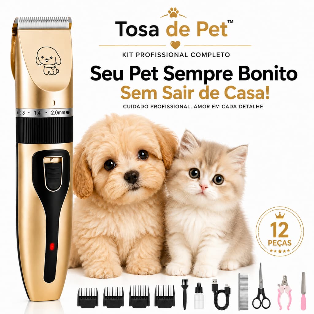 Máquina Tosa Pet Profissional Silenciosa Kit 12 Peças Aparador Pelos Cães Gatos