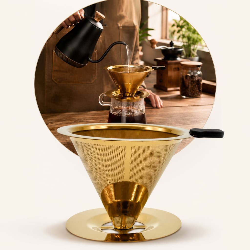 Coador de Café Dourado Reutilizavel em Inox - Filtro Passador de Café Manual Profissional Casa