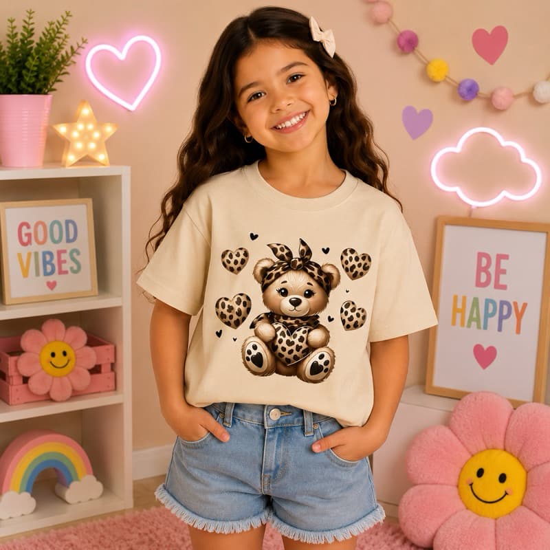 Camiseta Infantil Feminina Ursinha Oncinha Animal Print 100% Algodão Moda Blogueirinha Confortável 2 ao 16