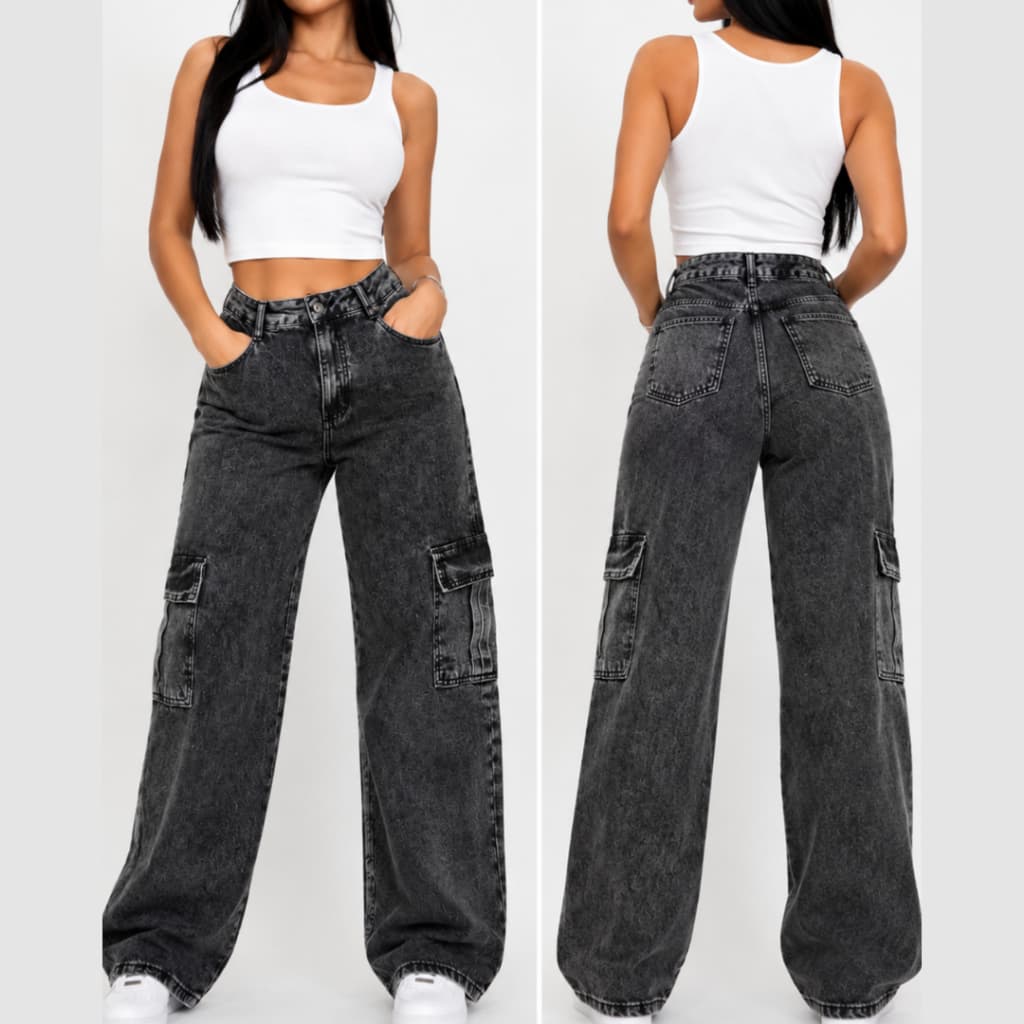 Calça Cargo Jeans Feminina Bolsos Lateral Cintura Alta Grafite Marmorizada Wide Leg Pantalona