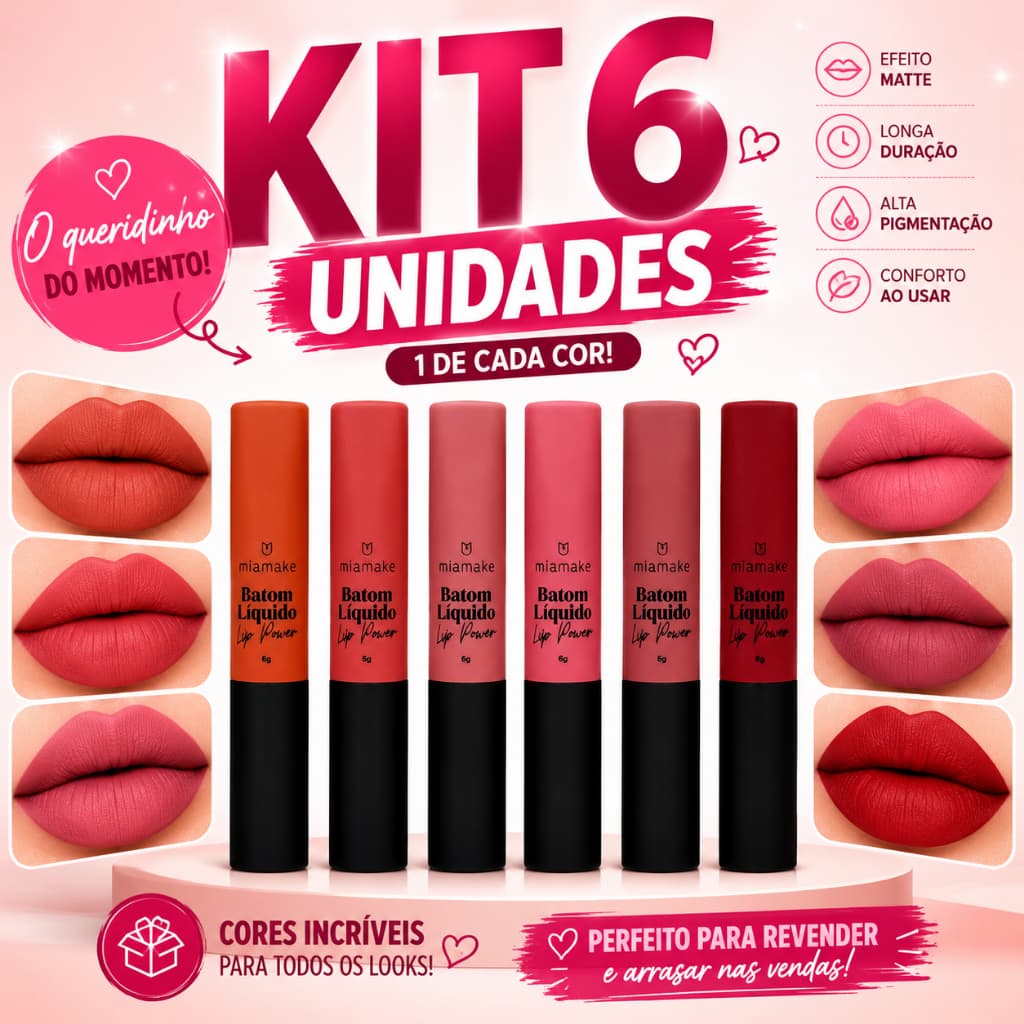 Kit 6 Unidades Batom Matte Líquido Lip Power Não Transfere