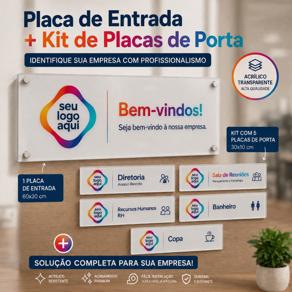 Kit Placas Personalizadas Acrílico 5 ou 10 Placas + Placa Entrada 60x30 Escritório Empresa