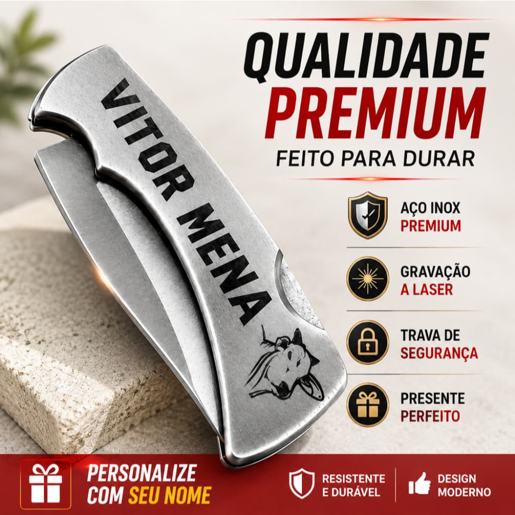 Canivete Personalizado Agro Aço Inox com Nome Gravação Laser, Canivete de Bolso com Trava e Presilha