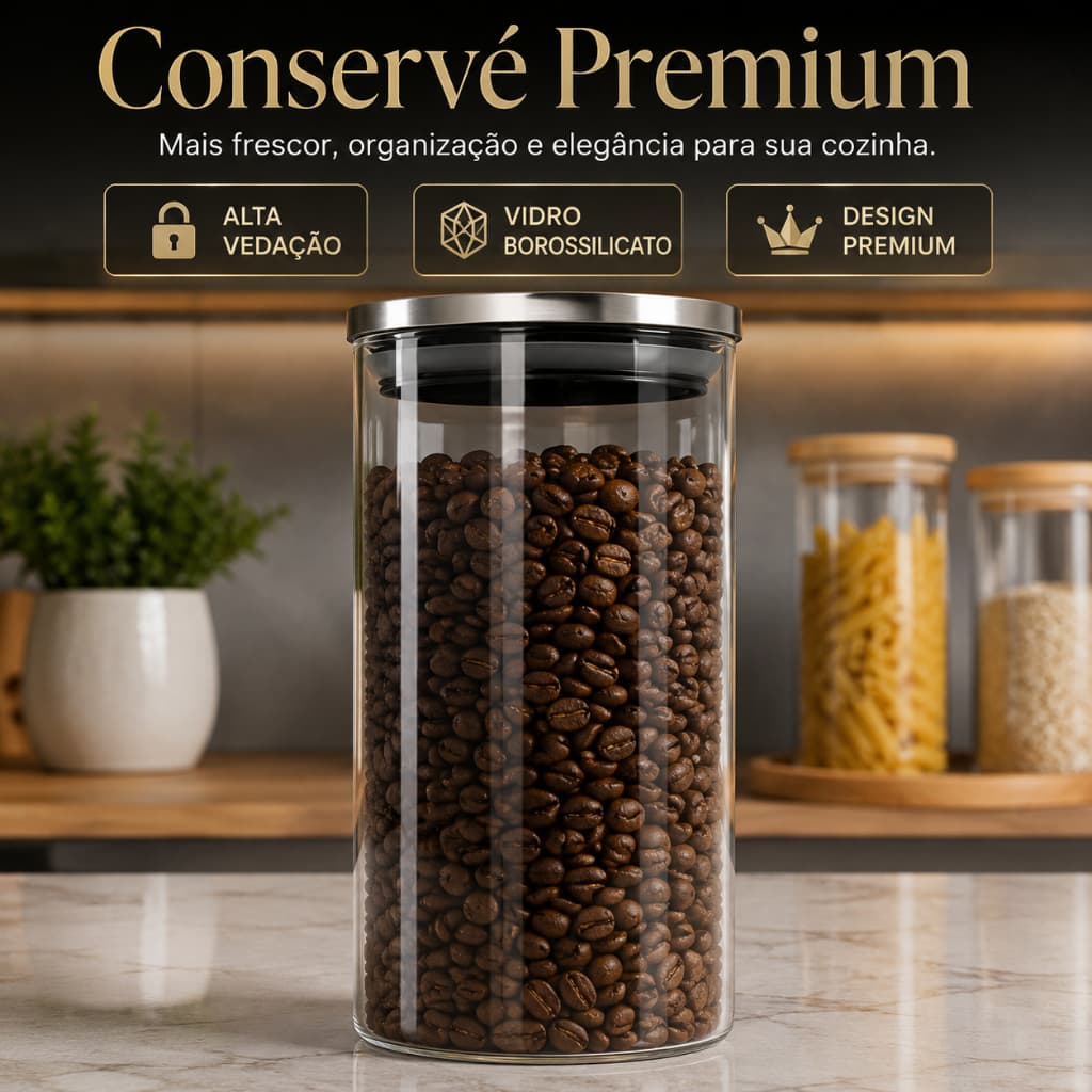 Pote Hermético Vidro 1,8L Alta Vedação Tampa Inox Organizador de Mantimentos Conservé Premium