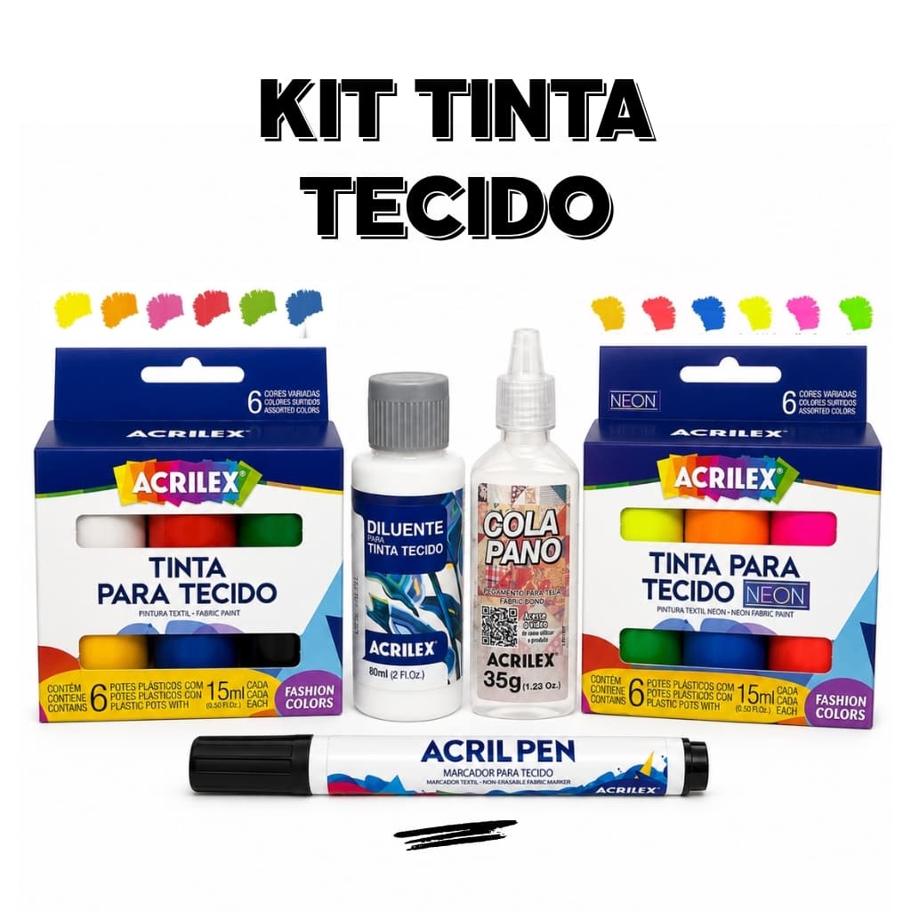 Kit Pintura em Tecido Acrilex Tintas 6 Cores Cola Pano Diluente com Caneta Preta Original Artesanato