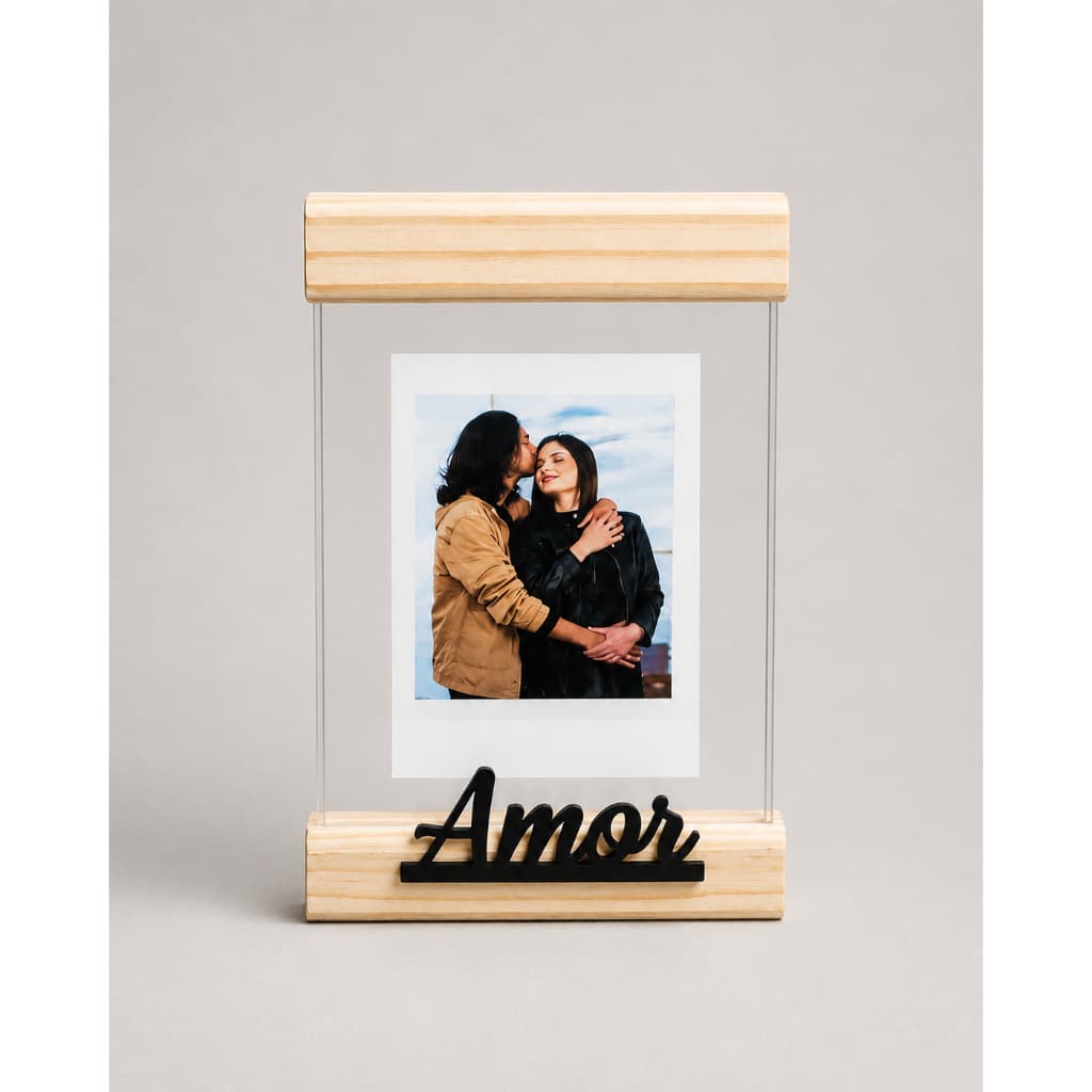 Porta Retrato Personalizado Madeira Pinus Vidro Para 2 Fotos Instax Polaroid Presente Casal Amor Gratidão Família