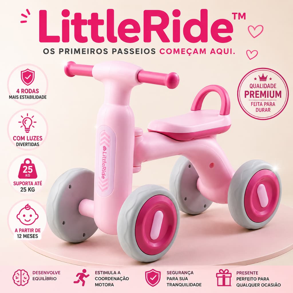 Bicicleta Infantil 4 Rodas Rosa com Luzes Bike de Equilíbrio Sem Pedal até 25kg