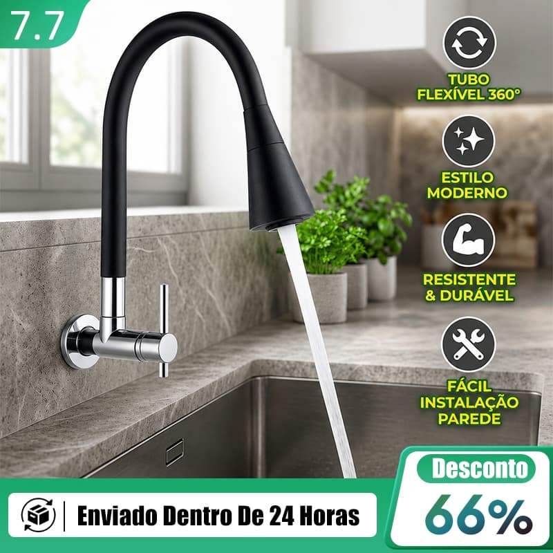Torneira Parede Cozinha Gourmet Preta Flexivel 2 Jatos 1/4 de Volta Para Mesa Pia Bancada e Mármore