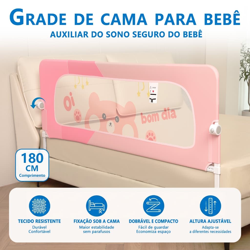 Grade de Cama Modelo U Reforçada Tela de Segurança Sem Furar Bebê Idoso 1,5M/1,8M Cama Normal e Box