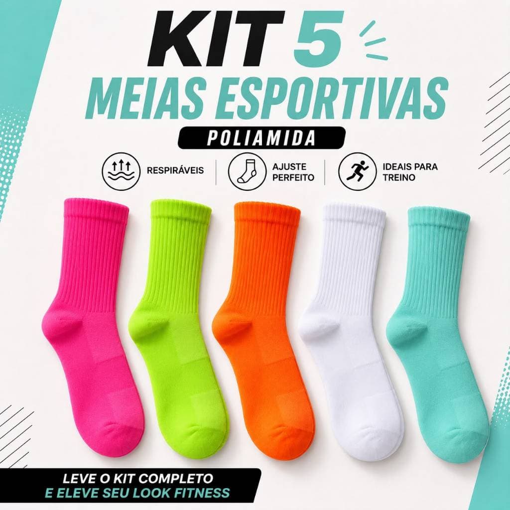 Kit 5  pares de meia cano longo colorida, poliamida, academia, corrida, fitness, blogueira, gringa, caminhada e corrida.