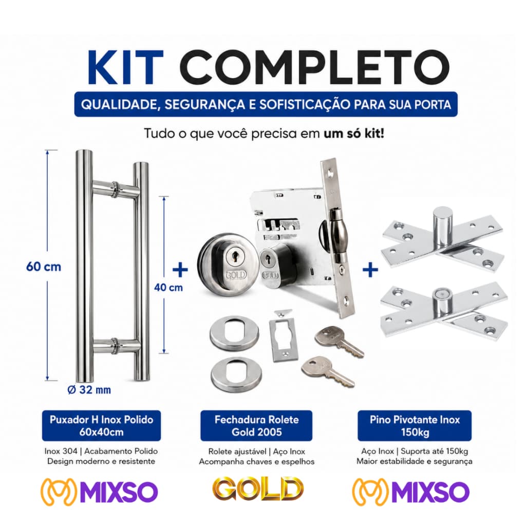 Kit Porta Pivotante Puxador H 60cm com Fechadura Rolete Gold e Pino Pivotante