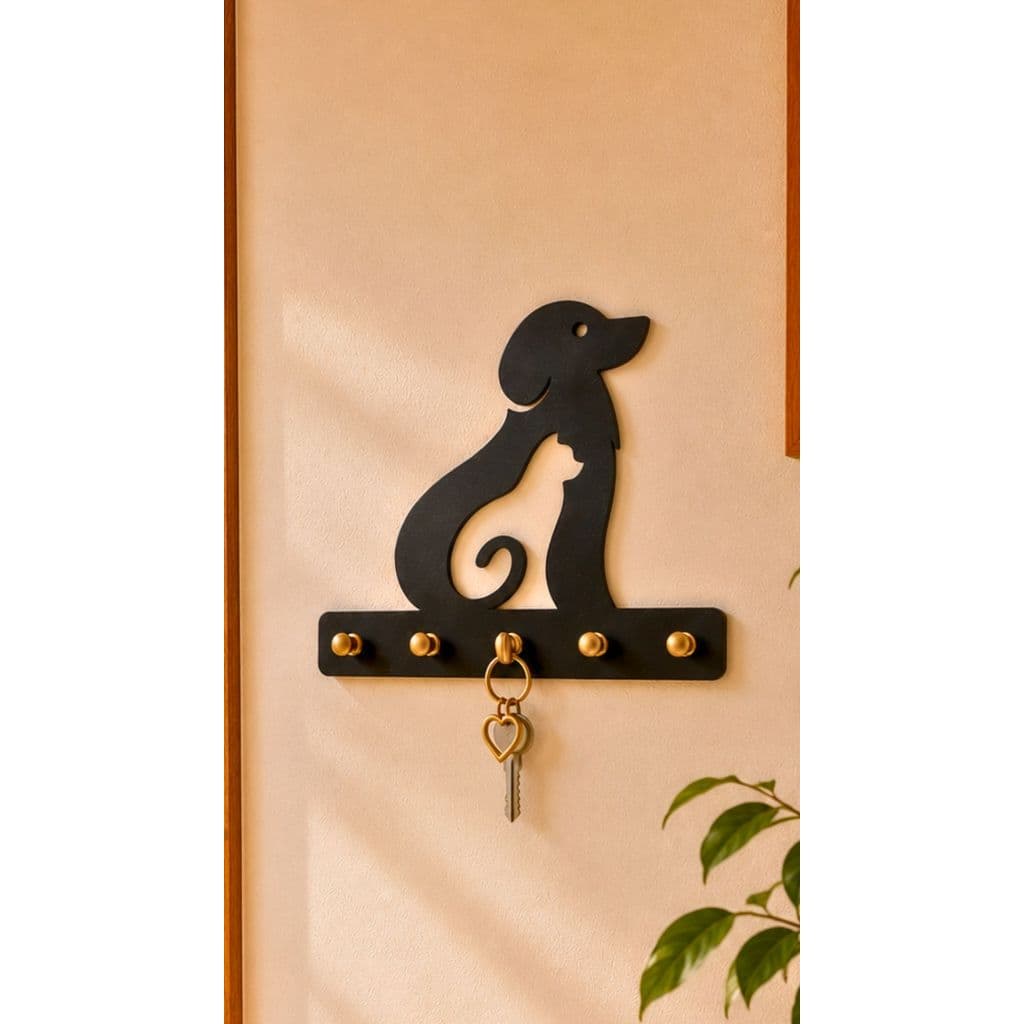 Porta-Chaves Pet Gato e Cachorro MDF Preto 20x19cm 5 Ganchos