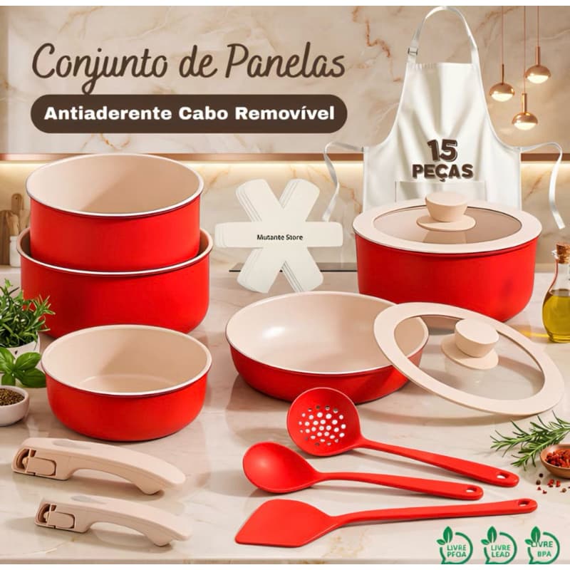 Jogo de panela 15 peças antiaderente cabos removível