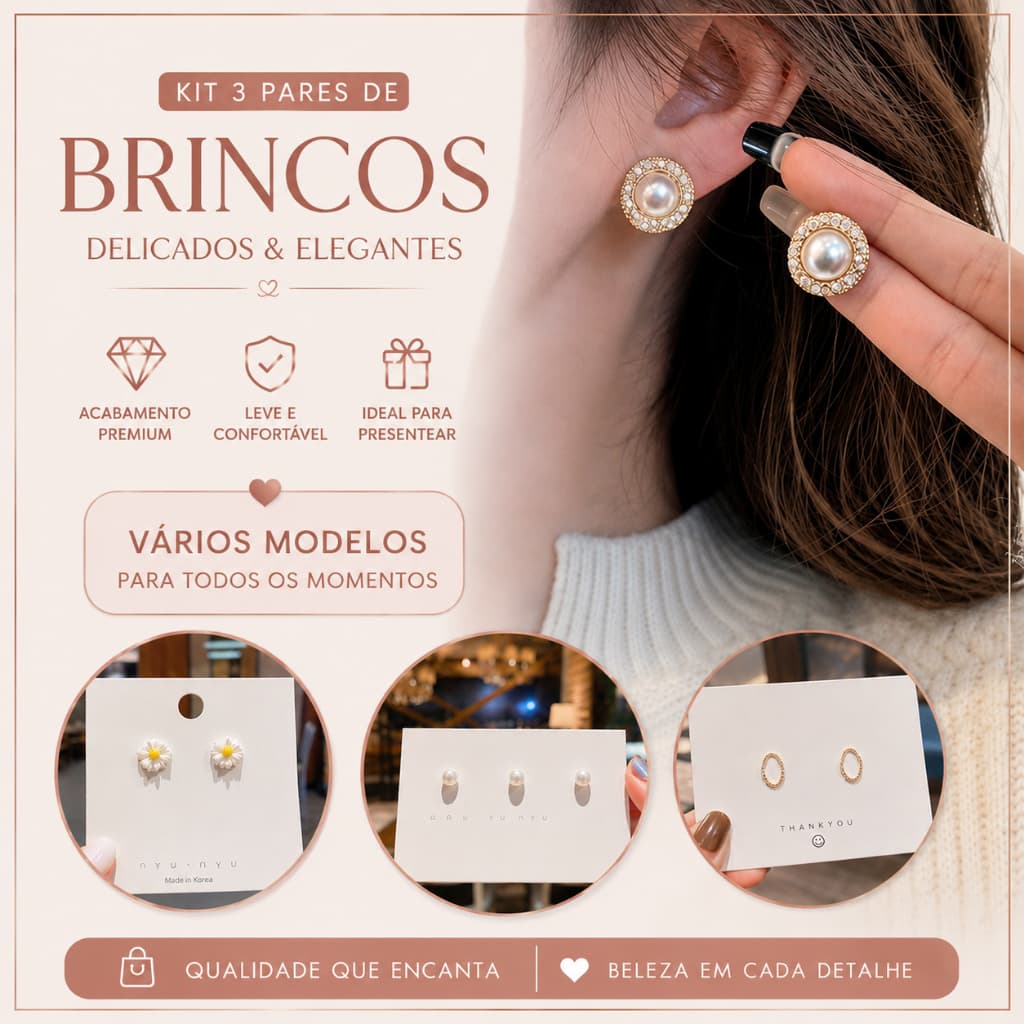 Kit 5 Brincos Feminino Bijuteria Diversos Modelos Biju Acessórios Moda Mulher Conjunto de Brincos