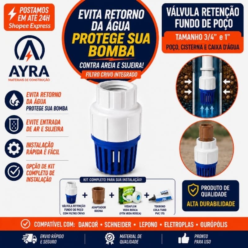 Válvula Retenção Fundo Poço Krona Original 3/4 1 Polegada Filtro Anti Retorno Protege 
Bomba D'água Cisterna Poço