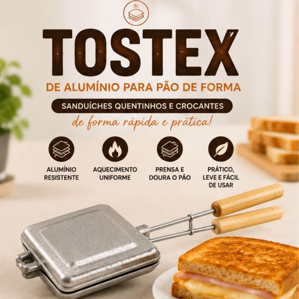 Tostex de Alumínio para Pão de Forma | Sanduicheira Manual com Cabo de Madeira