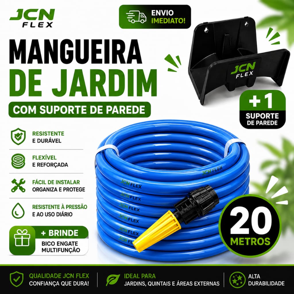 Mangueira Jardim Reforçada Lisa Flexivel  20 Metros + Enrolador de Mangueira de Parede JCN Flex