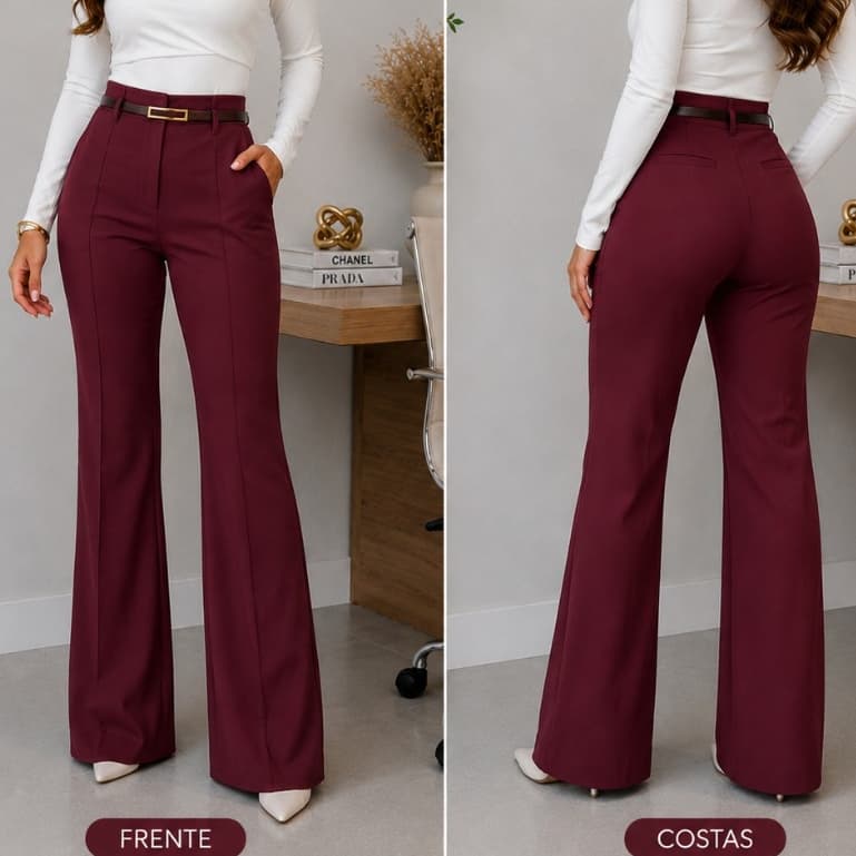 Calça Social Feminina Alfaiataria Com Cinto Cintura Alta Pantalona  Elegante Para Trabalho Casual Escritório e Eventos