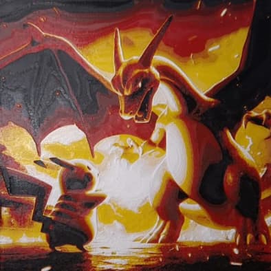 Quadro Decorativo Pokémon Charizard e Pikachu 20x20 cm com Moldura | Geek, Gamer | Decoração para Quarto e Sala