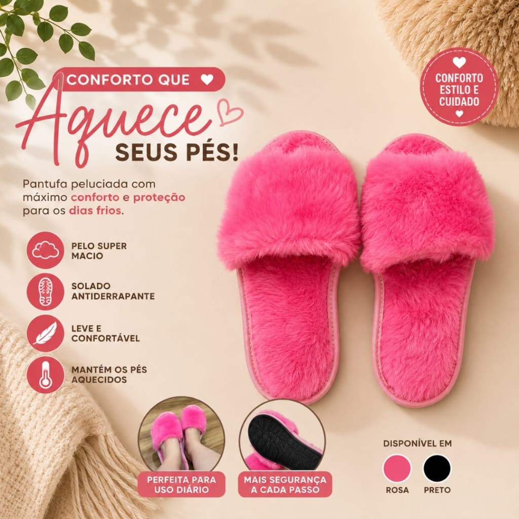 Pantufa Feminina Aberto Peluciada Macia Antiderrapante Confortável Quentinha Inverno Chinelo de Pelo