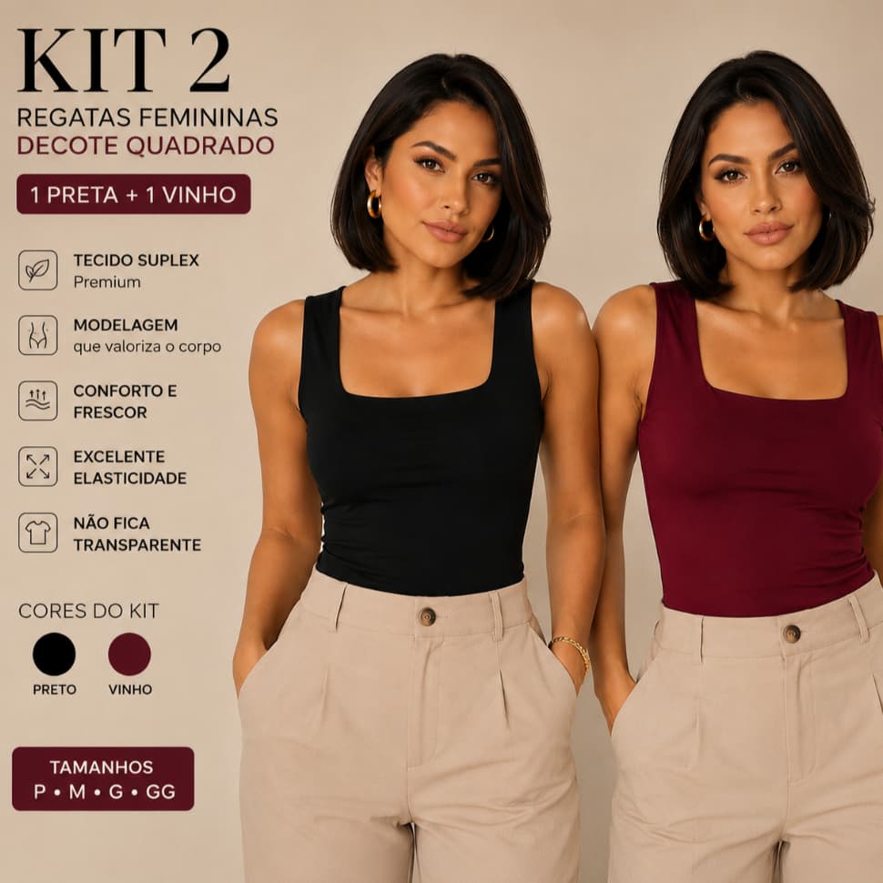 KIT 2 Regata Básica Decote Gola Quadrada Blusinhas Casual Elegante Trabalho Treino Dia a Dia Promoção Moda Feminina
