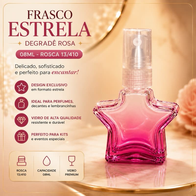 Vidro Estrela Premium Degradê Rosa 08ml com válvula spray R.:13/410 Perfume Decant Lembrancinha Artesanato