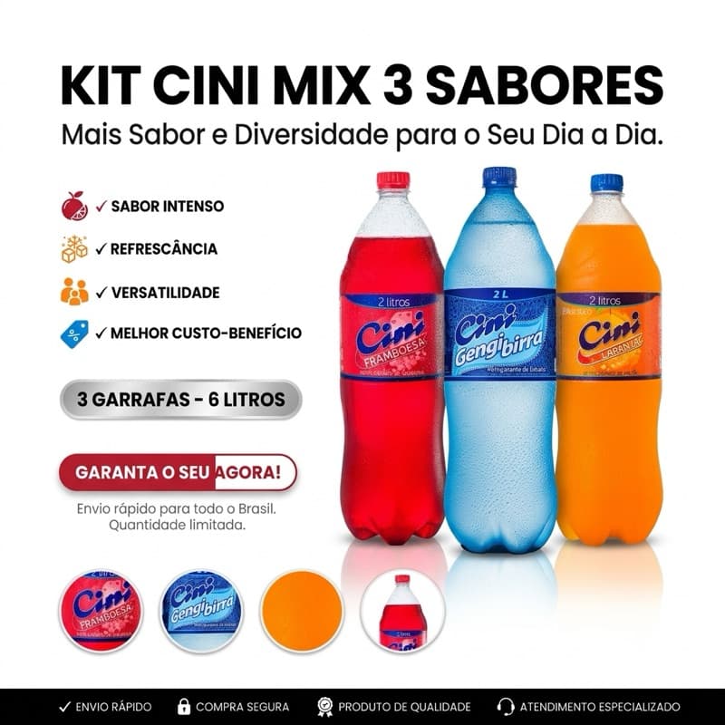 Refrigerante Cini MIX 6 Litros Laranja Framboesa Gengibirra