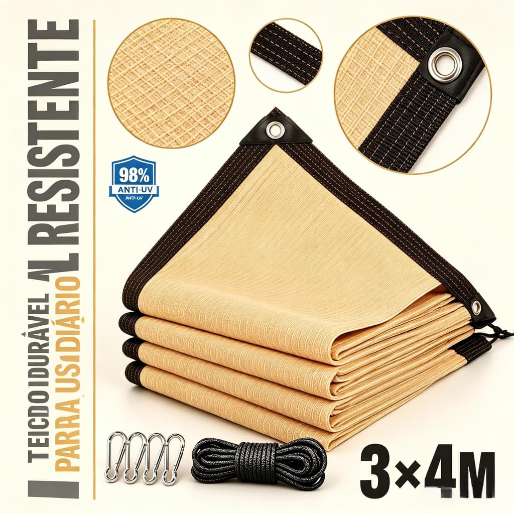 Tela Sombrite 3x4m 98% Anti-UV – Resistente ao Vento, com Drenagem, Para Jardim, Varanda, Pergolado S2