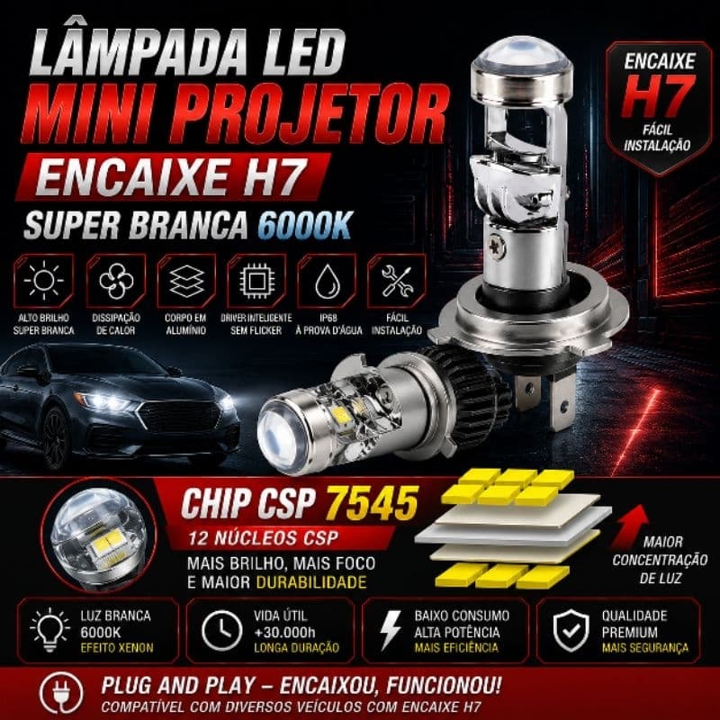 Lâmpada LED encaixe H7 Mini Projetor 6000K Super Branca Farol Automotivo Alto Brilho Longa Durabilidade