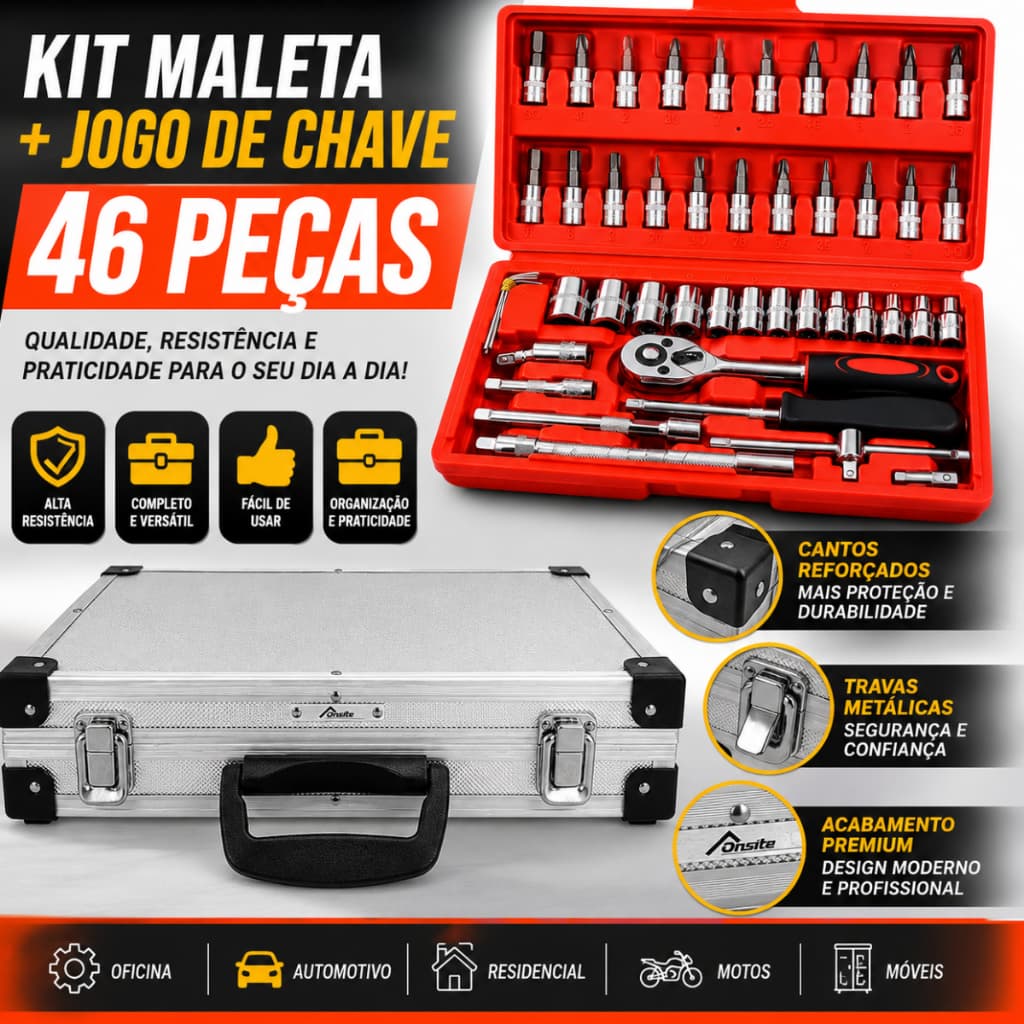 Maleta de Alumínio Para Ferramentas + Jogo de Chaves Soquete 46 Peças Kit Ferramentas Completo Catraca Profissional