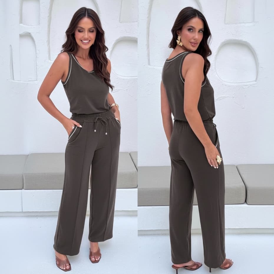 Conjunto Feminino Calça Pantalona e Regata Moletinho Premium Comfy M G