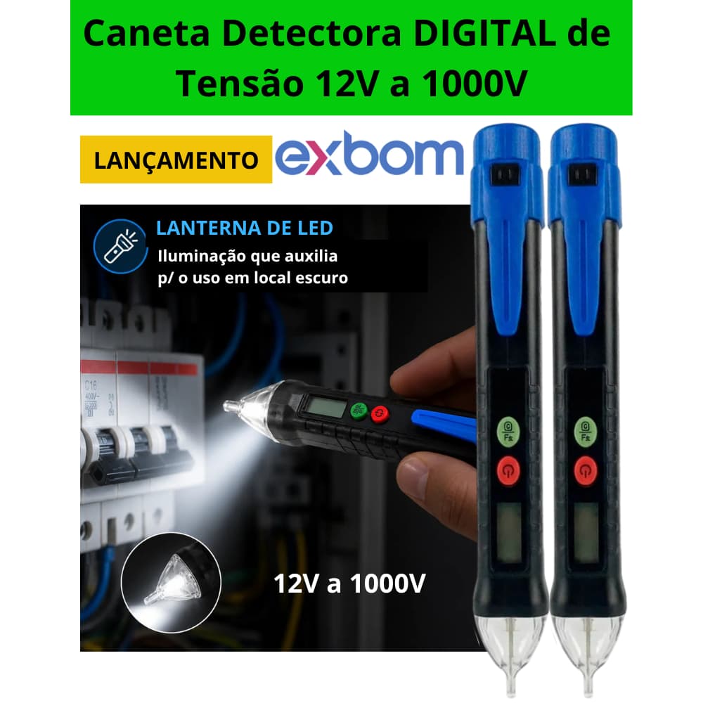 Caneta Tensão Digital LED Sem Contato AC Detector Indutivo Azul 12V a 1000V CAT III Exbom