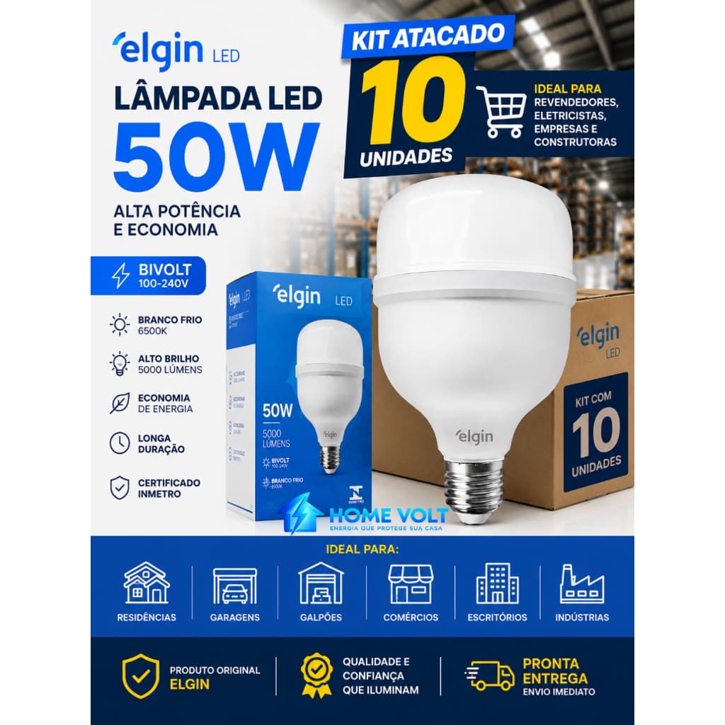 Atacado 10 Lâmpadas LED Elgin 50W Bivolt Alta Potência Econômica Original INMETRO casas galpões loja