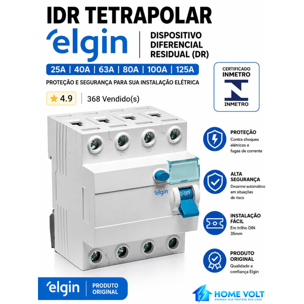 IDR Tetrapolar Elgin 25A 40A 63A 80A 100A 125A DR Diferencial Certificado INMETRO Original Novo top!