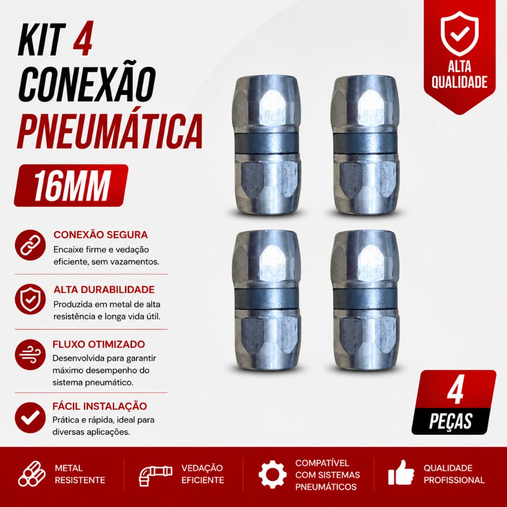 Kit 4 Conexões 16mm Pneumáticas União Engate Rápido Reta - Corpo Metálico