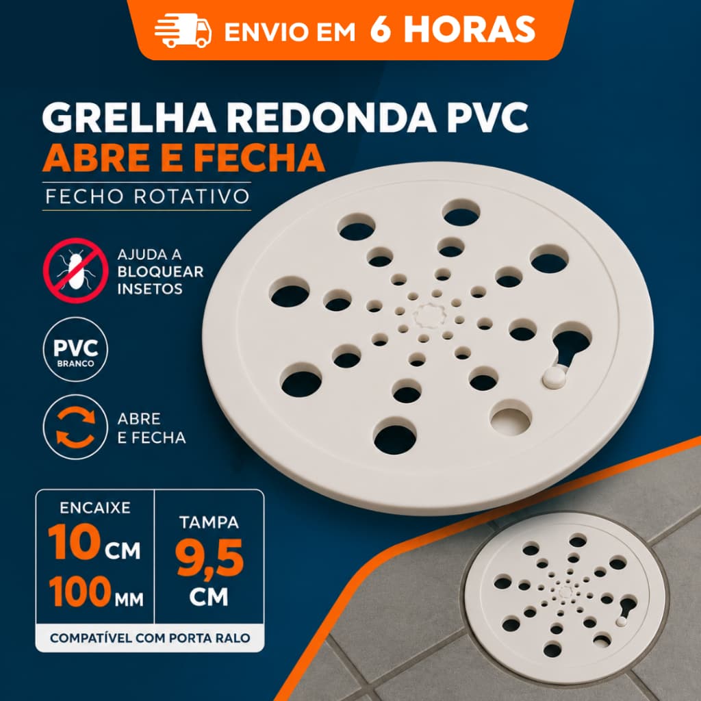 Ralo Tampa Grelha PVC Redondo Abre e Fecha Para Porta Grelha 10cm 100mm Banheiro Cozinha Lavanderia