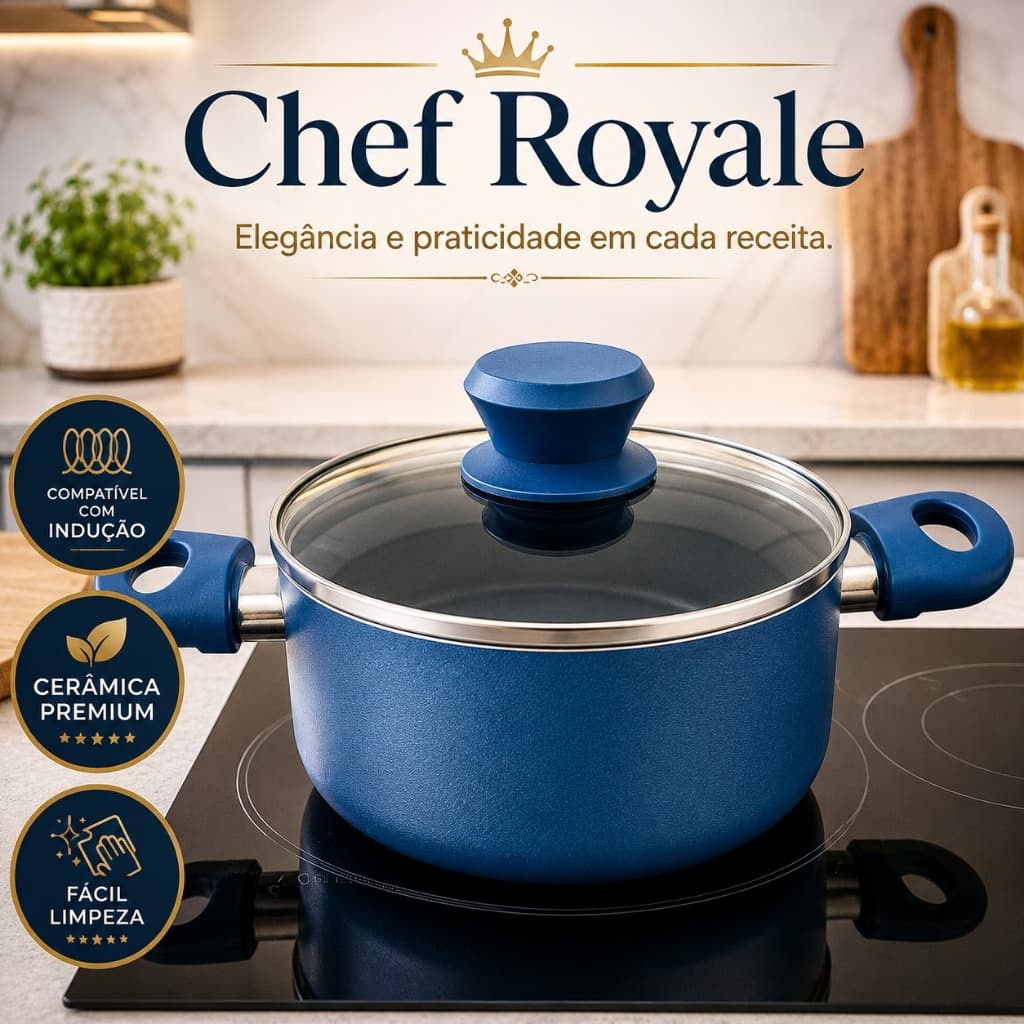 Panela Cerâmica Antiaderente 18cm com Tampa Indução Gás Elétrico Vitrocerâmico Chef Royale Azul