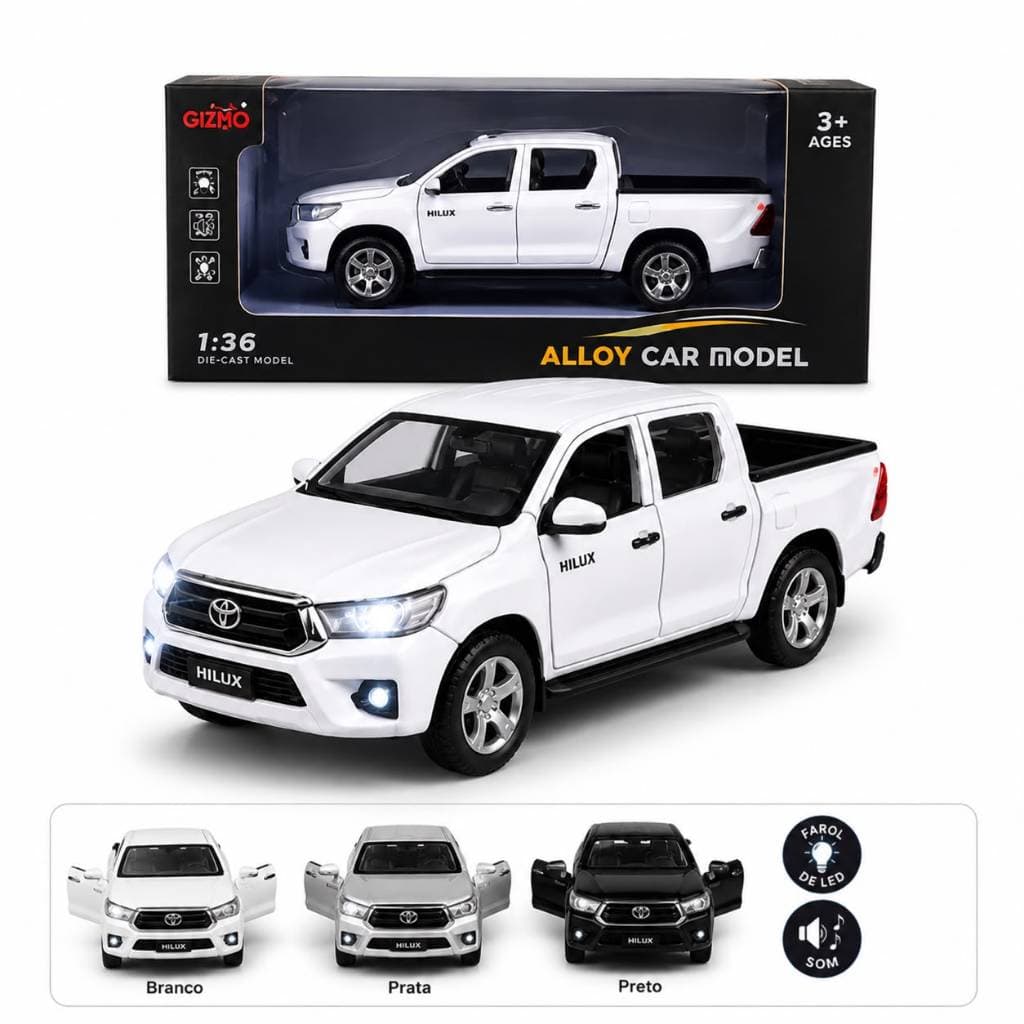 Carrinho Hilux 2021 Colecionável de Ferro Miniatura Toyota 1:36 Metal Fricção Brinquedo Infantil