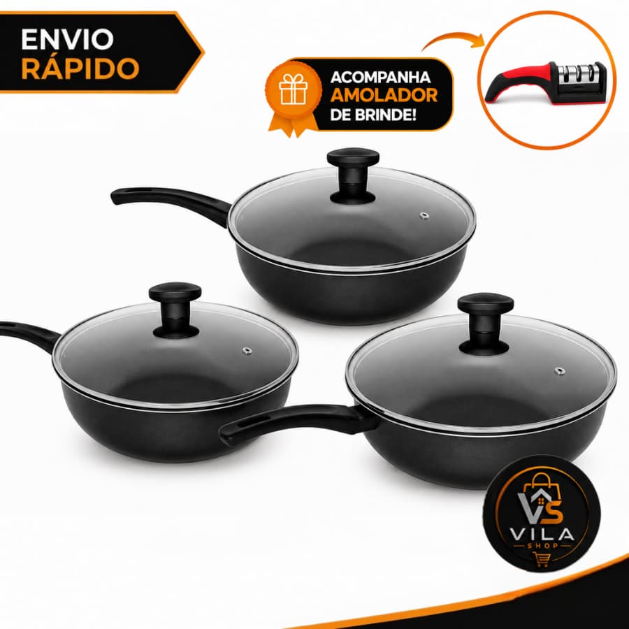 Kit 03 Frigideira Antiaderente Wok Preta Com Tampa de Vidro Firme E Afiador de Brinde
