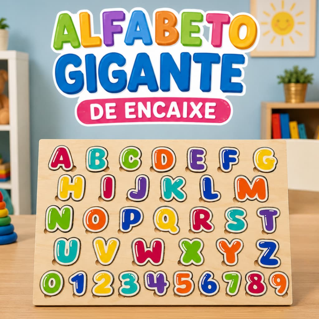 Alfabeto Gigante Encaixa Números e Letras Tabuleiro Educativo MDF 2x1 Brinquedo Pedagógico Infantil