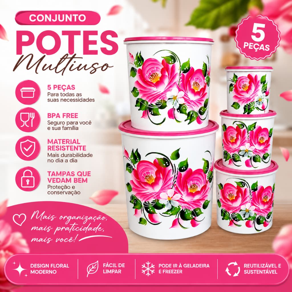 Kit 5 Potes Organizadores Floral Porta Mantimentos Plástico Cozinha Mantimentos Decorado