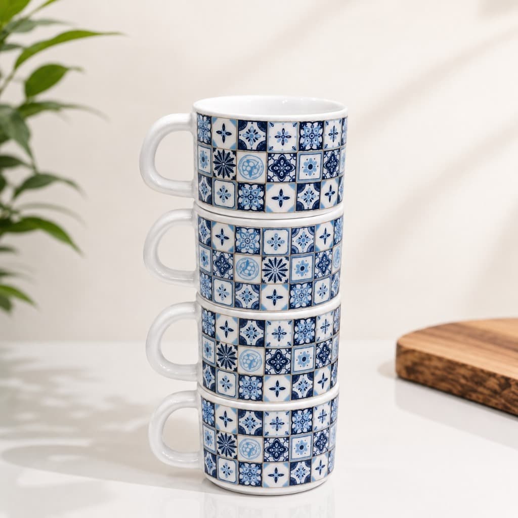 Kit 4 Xícaras Empilháveis 200ml Porcelana | Xícara Café Chá | Jogo de Xícaras Decoradas | Presente
