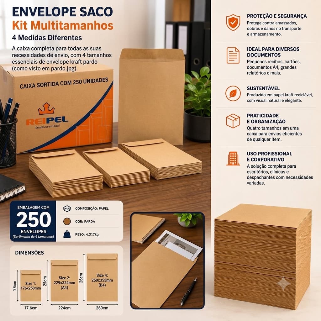250 Envelopes A4 Kraft Saco Liso Armazenar Transportar Organizar Proteger Folhas Papel Documentos