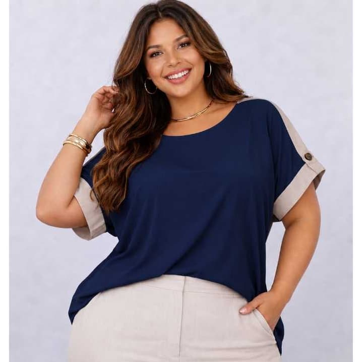 Blusa Feminina Viscolinho Elegante Manga Curta com Botão Soltinha confortável  Plus Size