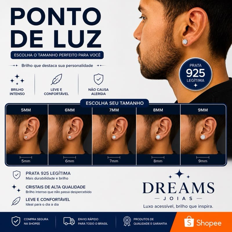 Brinco ponto de Luz Prata 925 com Zircônia Masculino/ Brilho minimalista elegante/ 5mm a 10mm