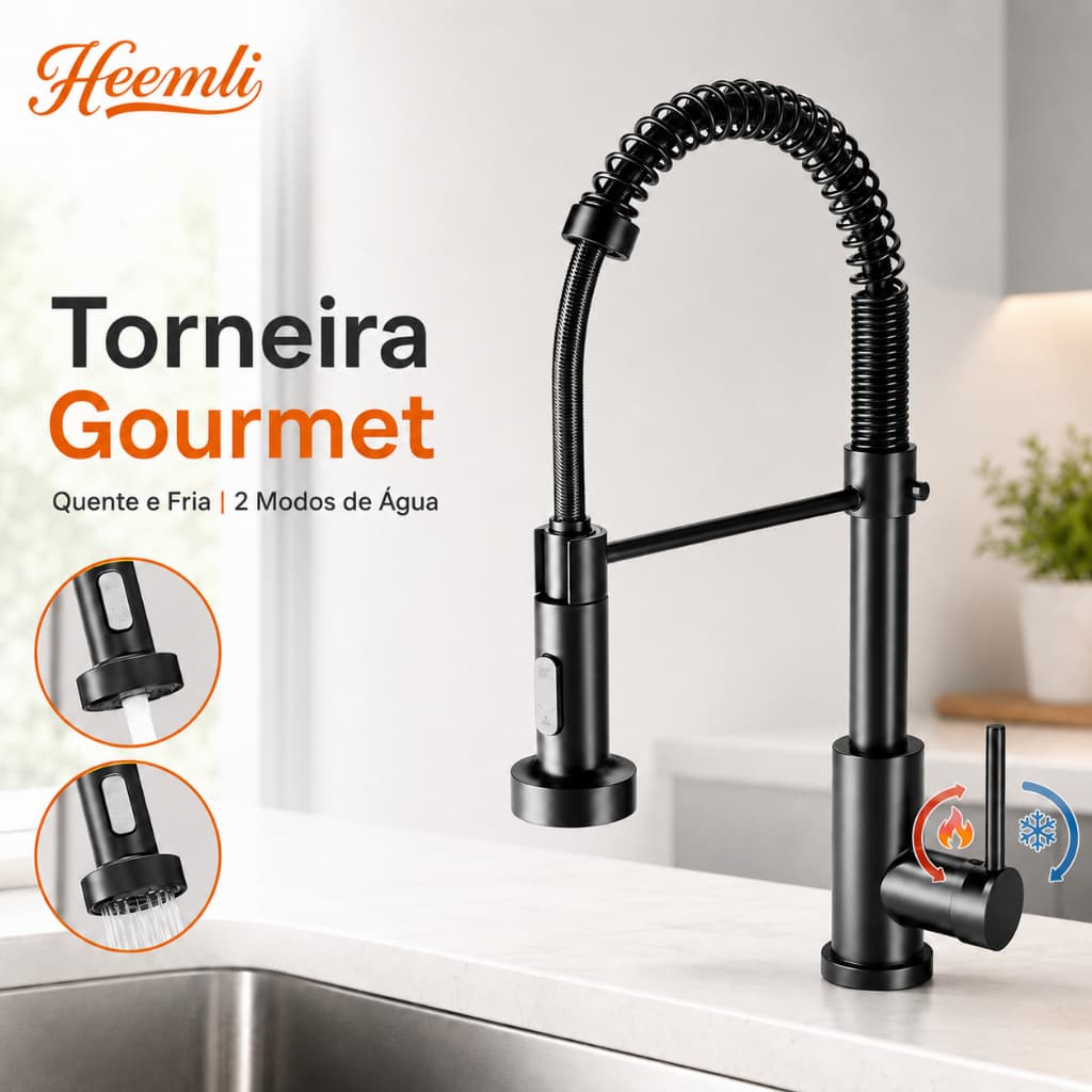 Torneira Gourmet Cozinha Heemli com Mola Quente Fria 360° Dupla Saída Cromada