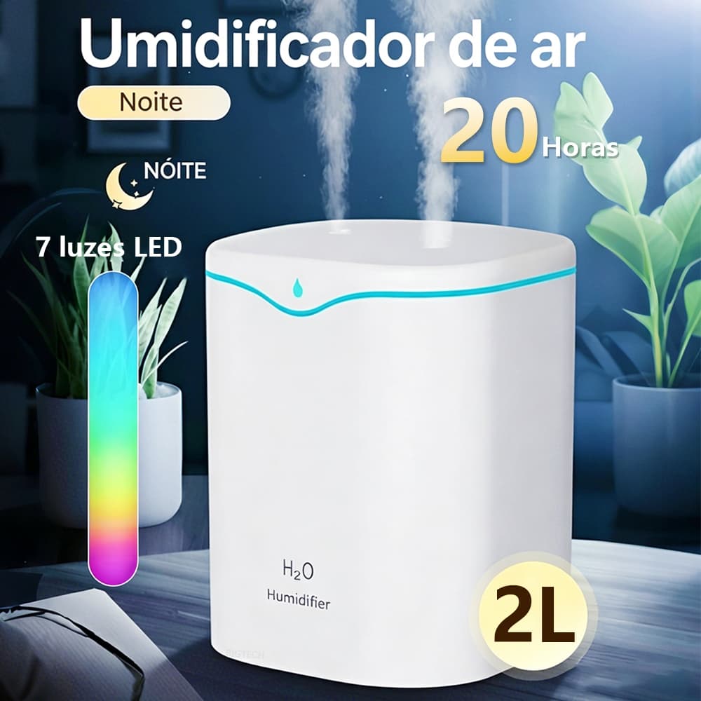 Umidificador De Ar E Aromatizador Bico Duplo De Ambiente Grande 2l Silencioso Com Luz Led De 7 Cores