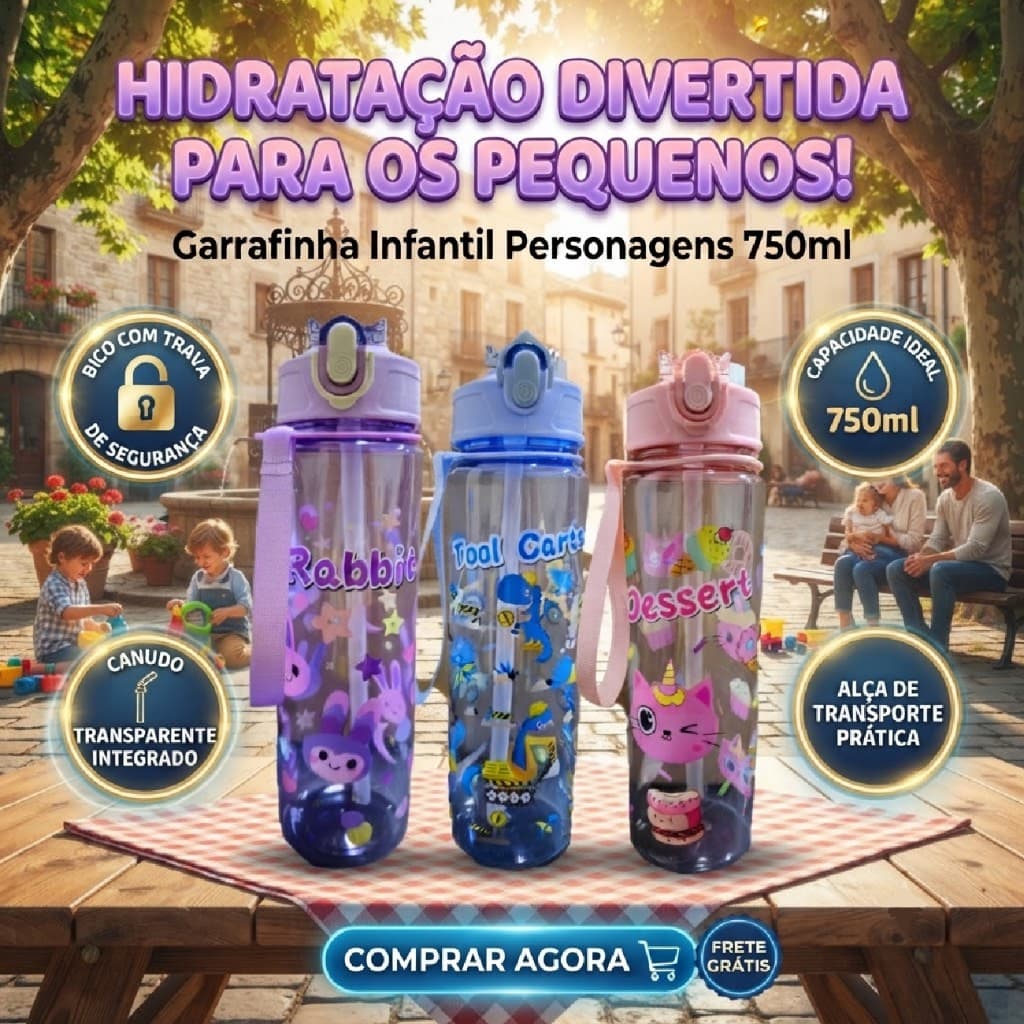 Garrafinha Infantil Personagens Animado 750Ml Trava Alça Canudo Transparente Fofa Decorada
